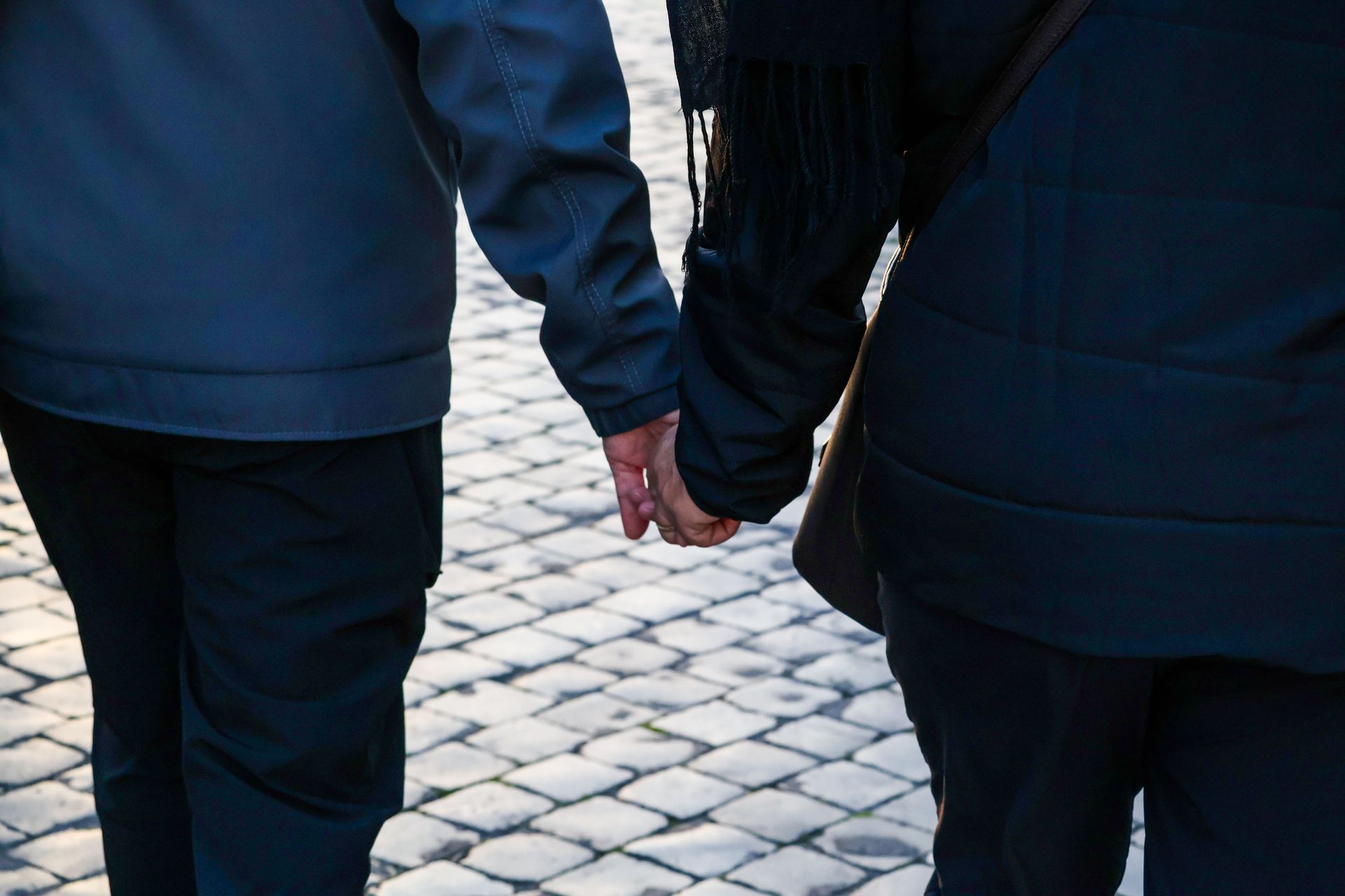 Two people walking hand in hand on a cobblestone path, seen from behind