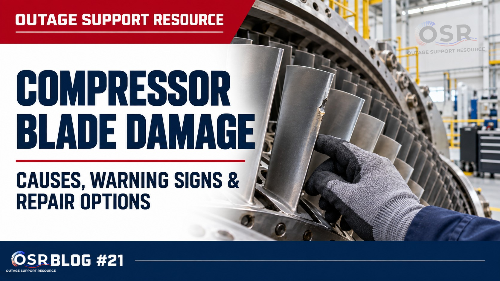 Technician inspecting leading-edge damage on axial compressor blades in an industrial gas turbine