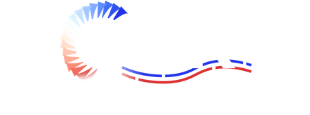 A red , white and blue circle on a white background.