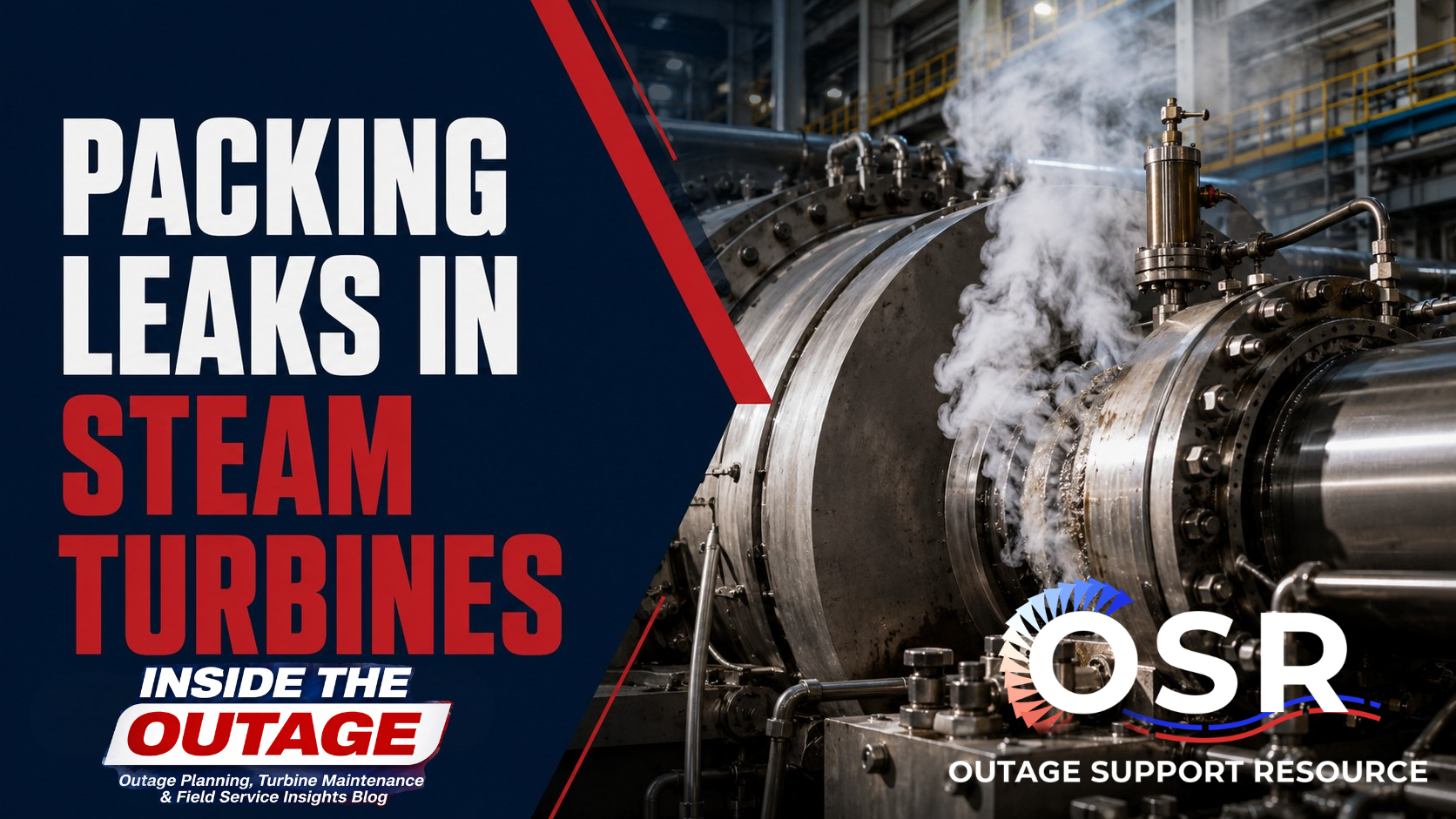 Visible steam leaking from the gland packing area of an industrial steam turbine