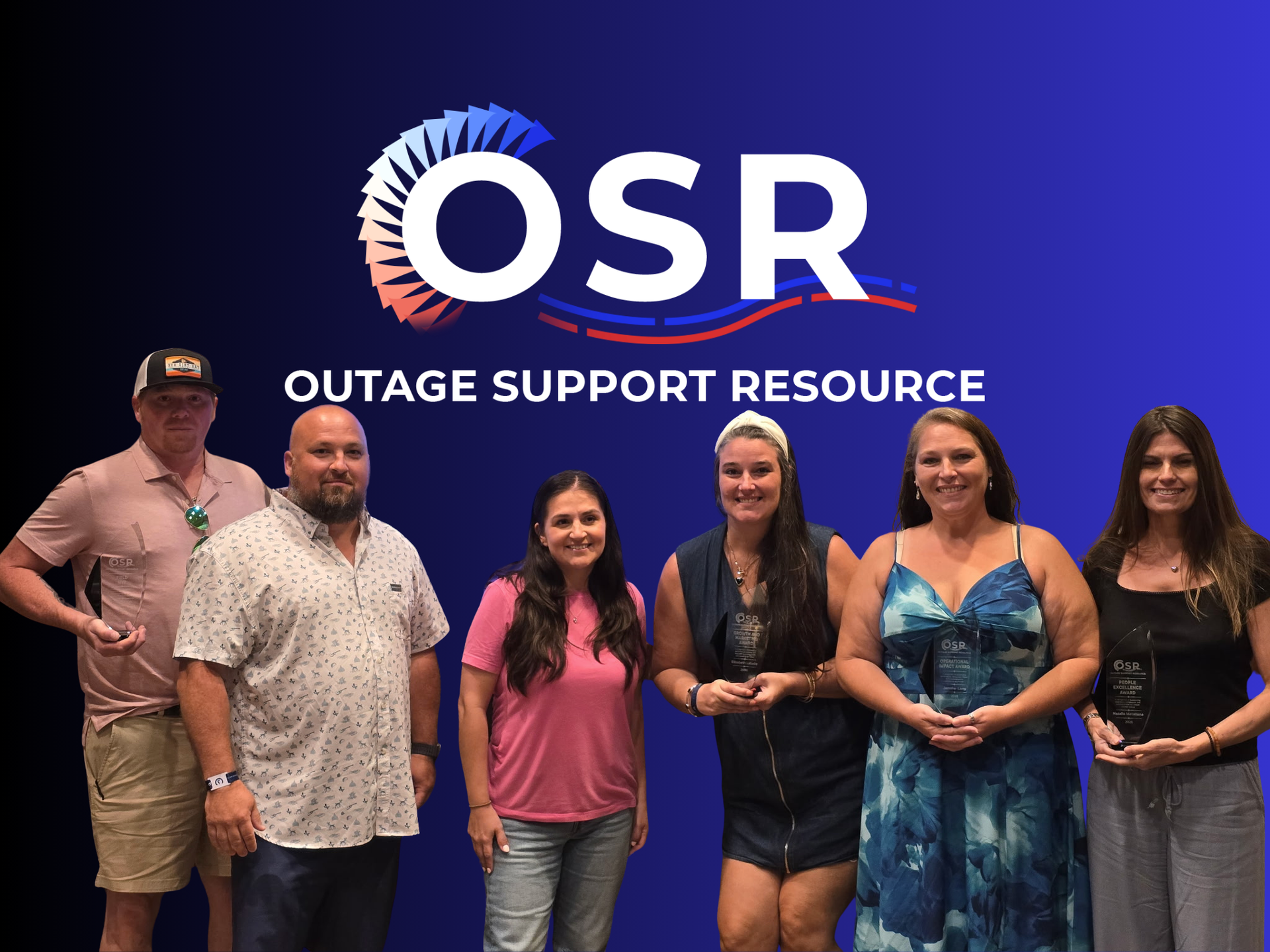 Logo for Outage Support Resource with US flag background. Red, white and blue.