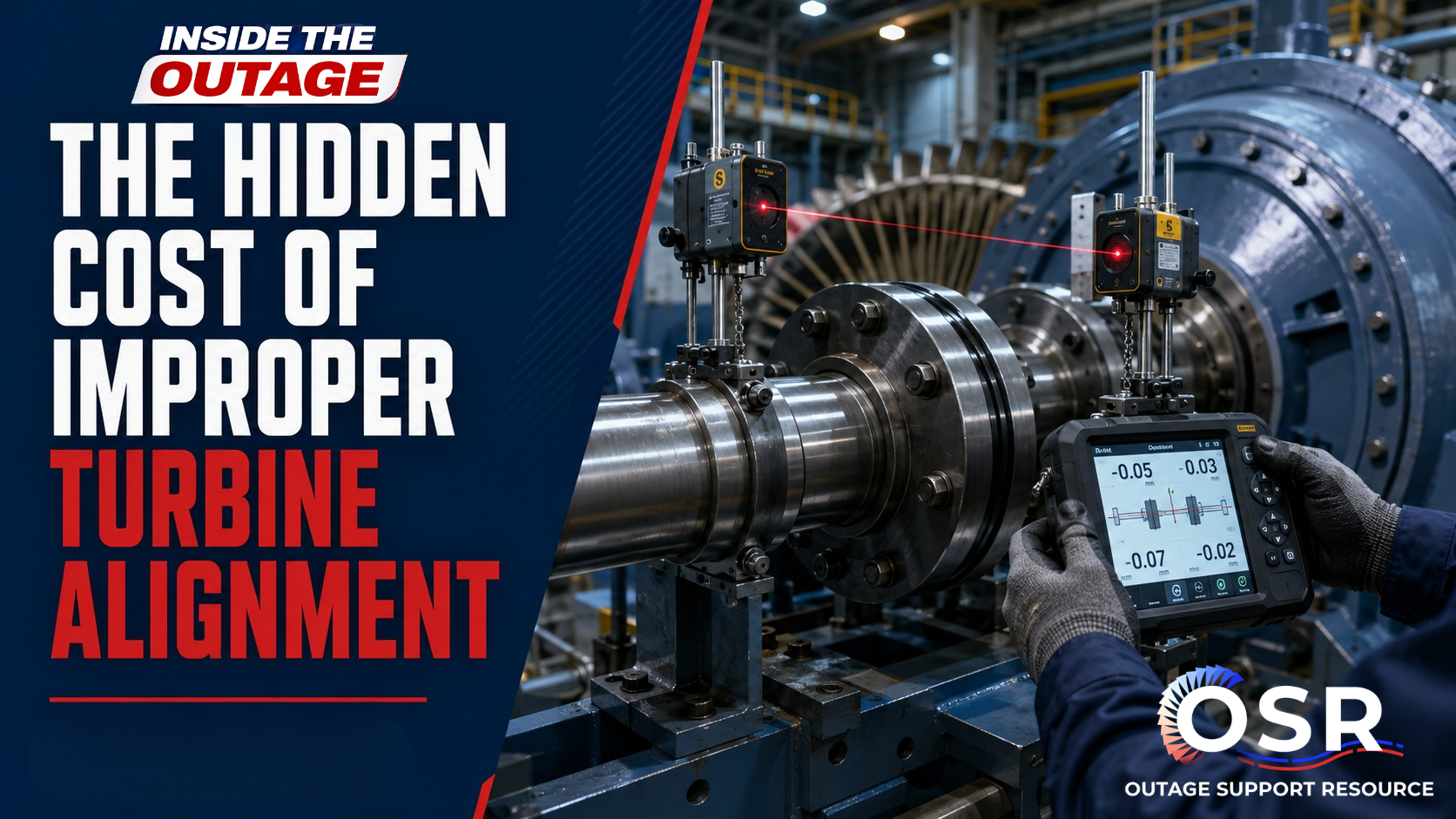 Technician performing precision shaft alignment on an industrial turbine-generator train