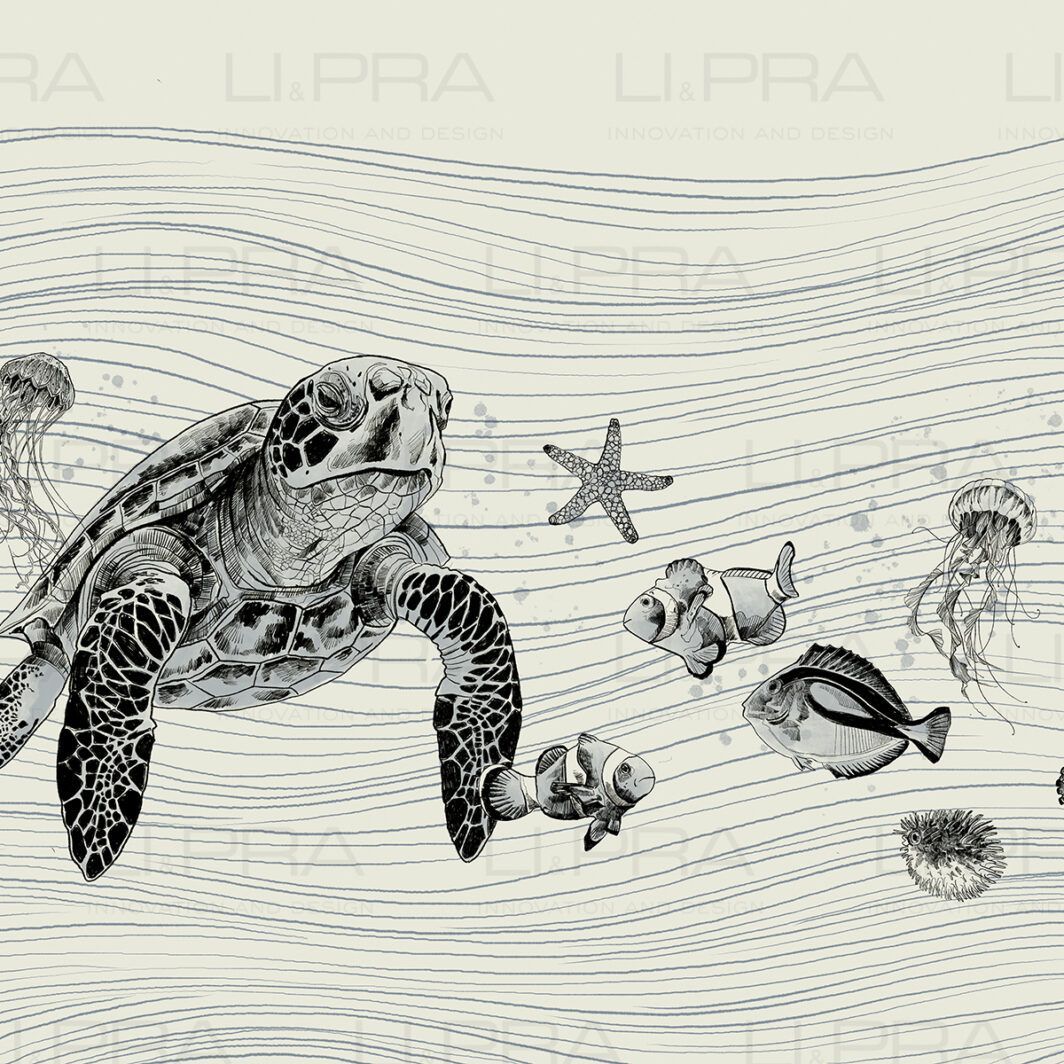 Un disegno in bianco e nero di una tartaruga marina circondata da pesci e meduse.
