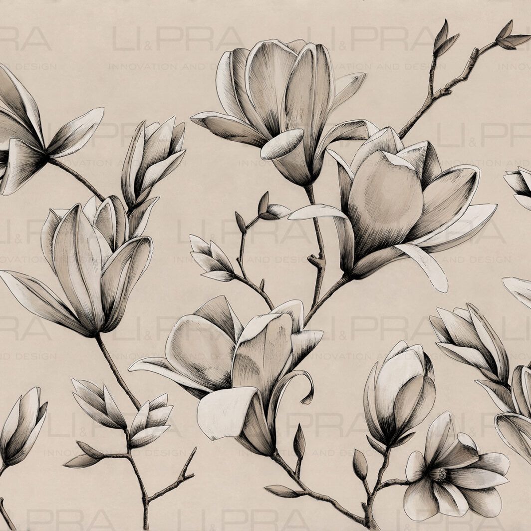 Un disegno in bianco e nero di fiori su uno sfondo beige