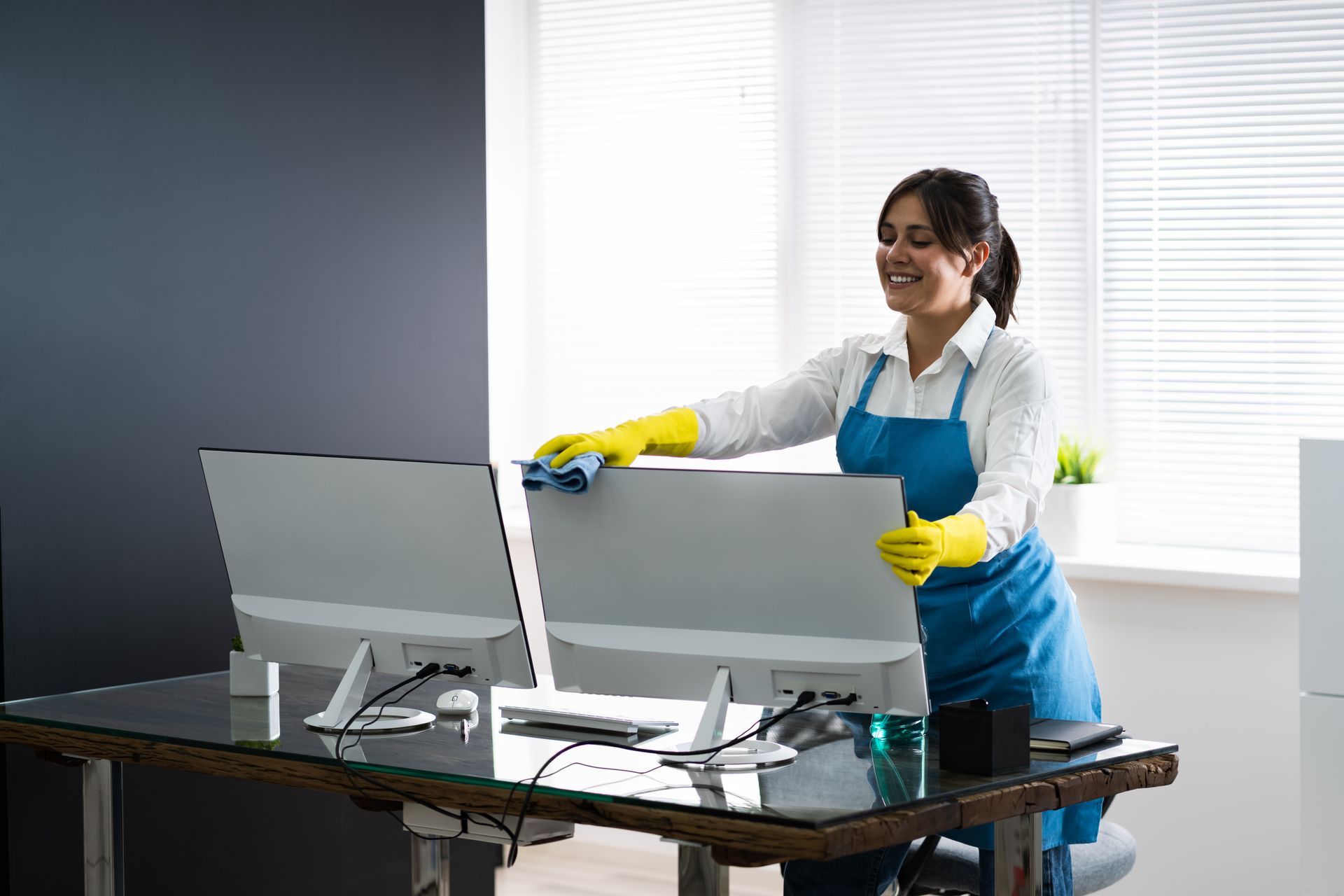 Woman Cleaning Office Desk And Computer Monitor. Professional Service