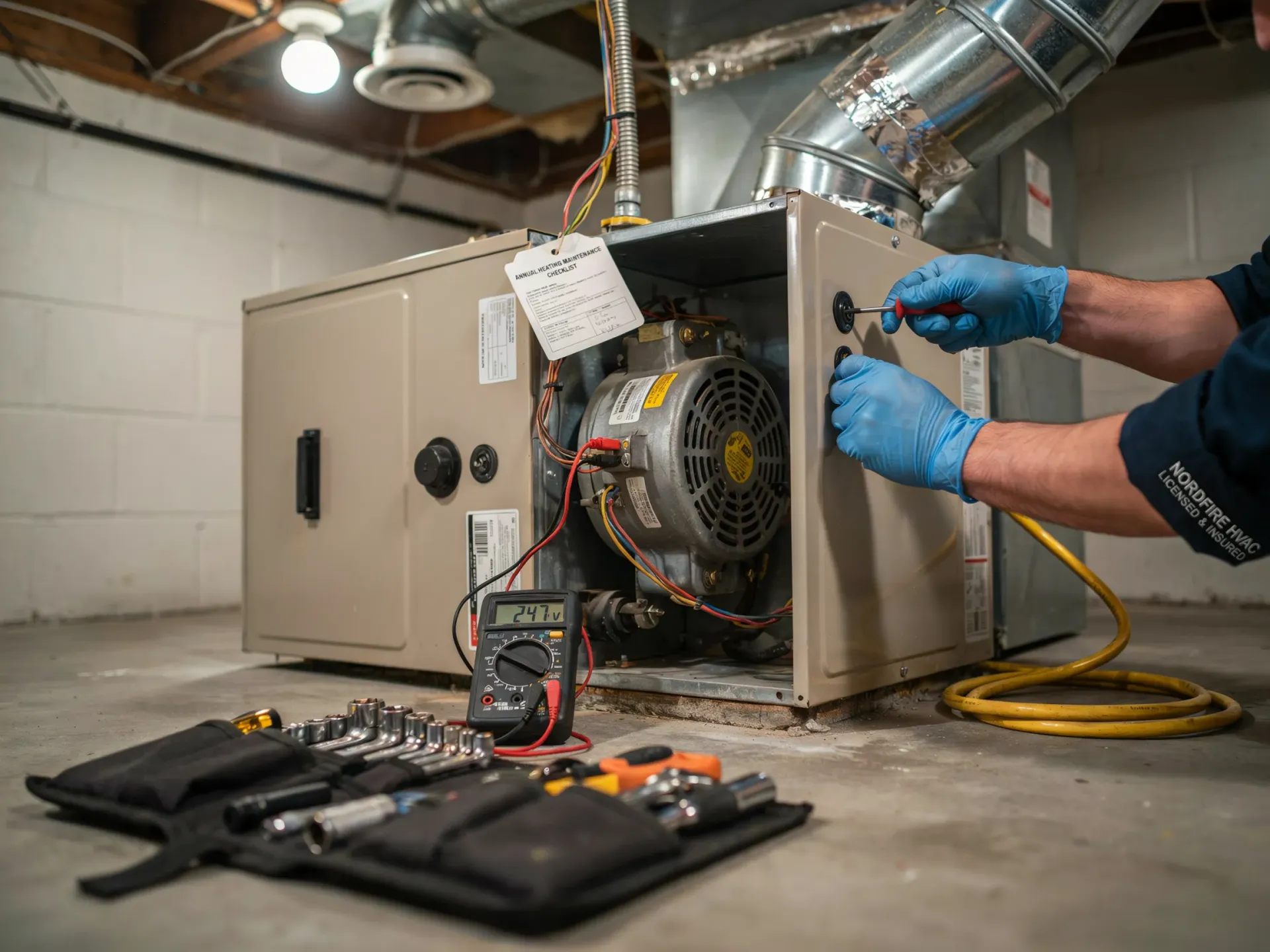 a man wearing a hat is working on a water heater