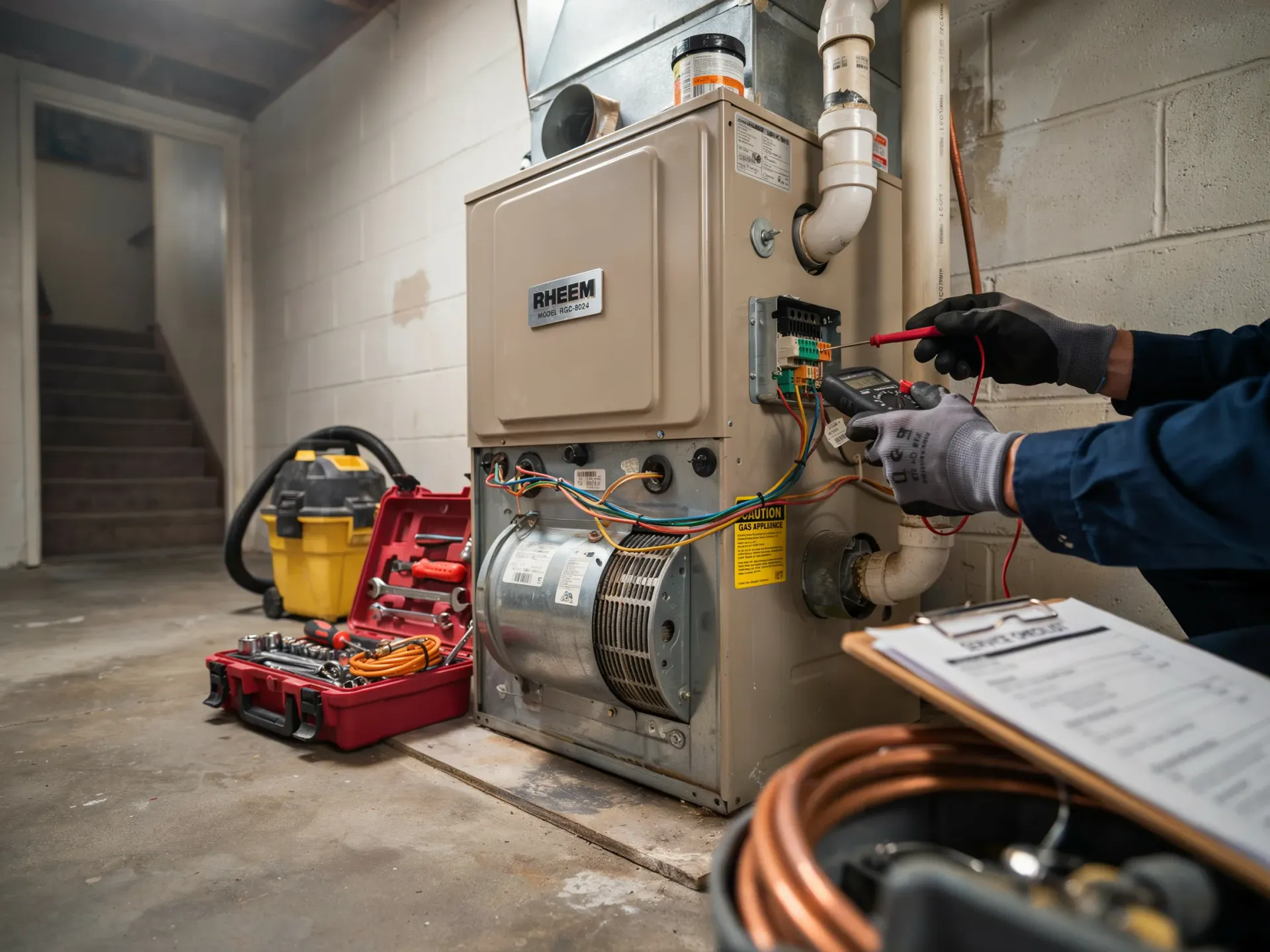 Technician servicing a gas furnace in a basement, with tools and clipboard nearby