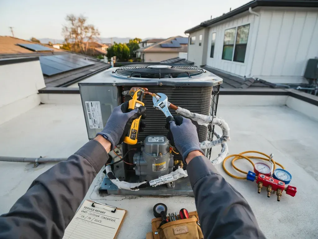 Technician repairing rooftop HVAC unit with gloved hands and tools beside gauges and hoses