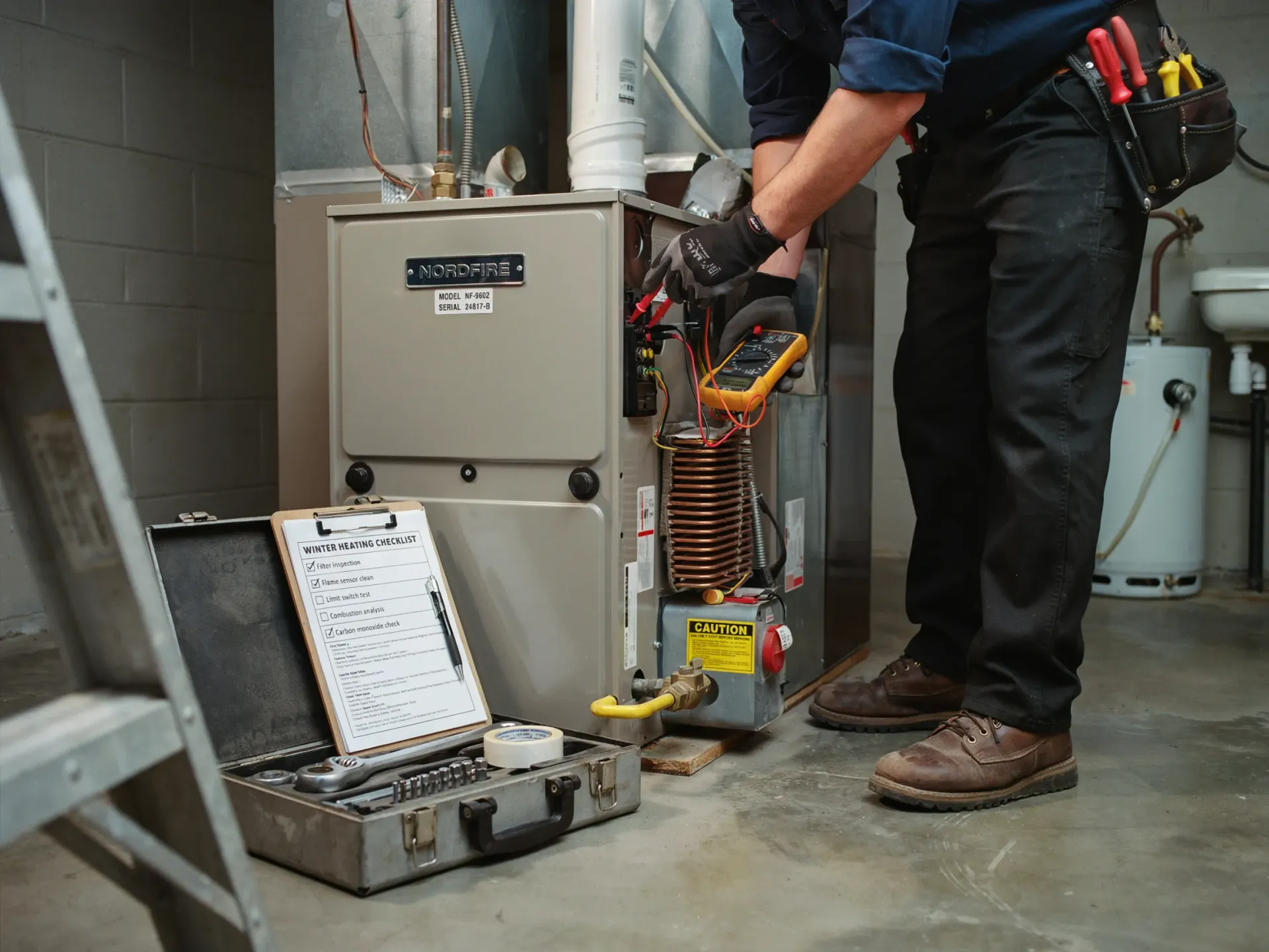 Technician working on HVAC furnace with tools in a utility room, open control panel visible.