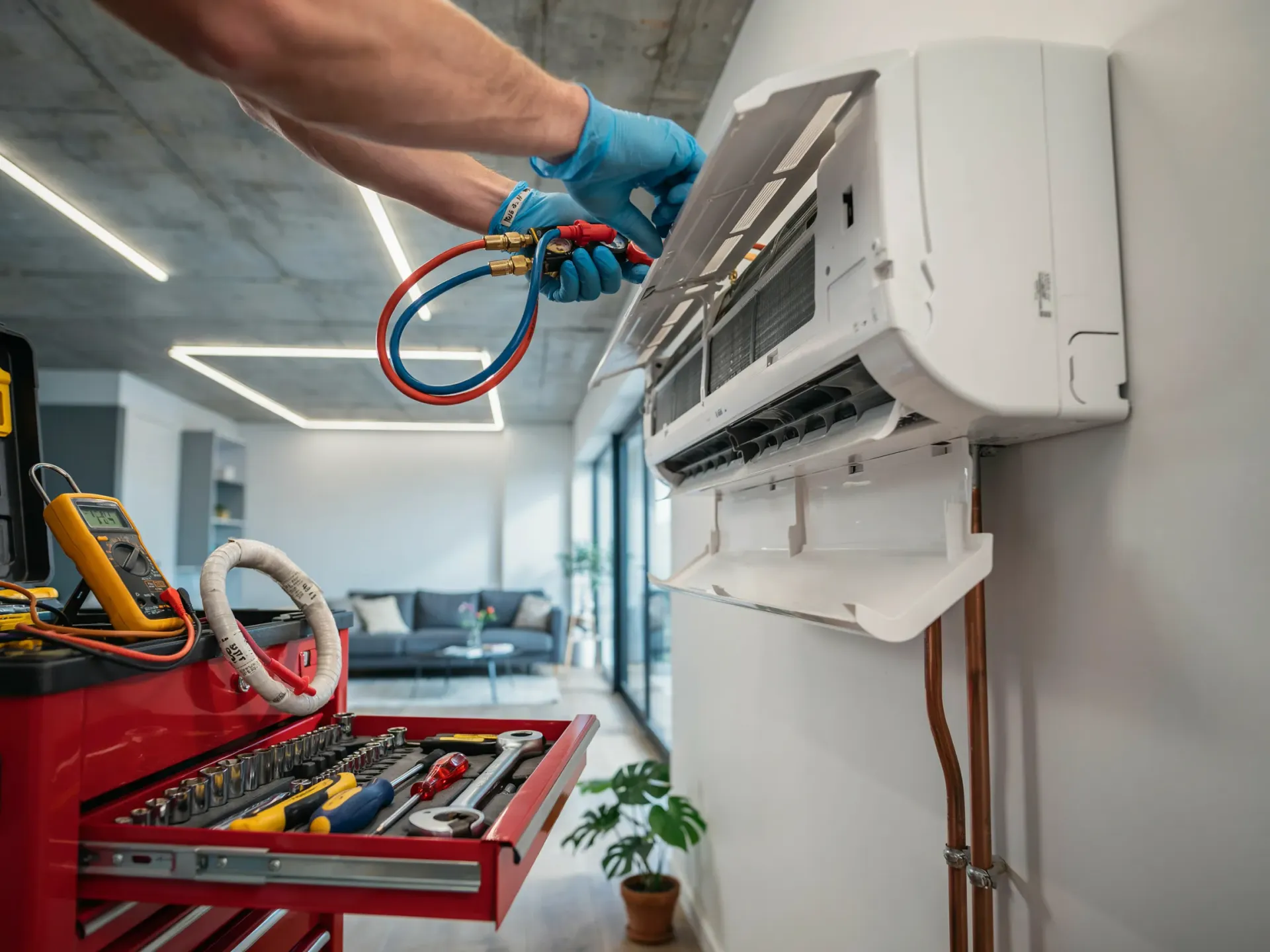 Technician cleaning a wall-mounted air conditioner with a vacuum hose in a workshop.