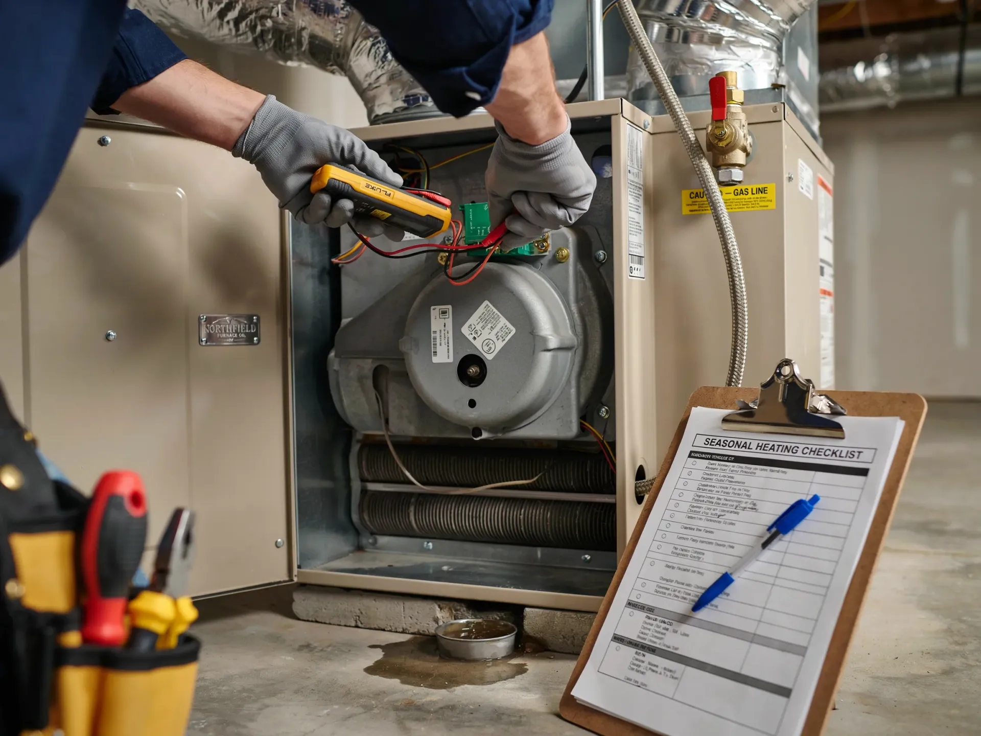 Technician wiring an HVAC unit while holding a multimeter in a utility room