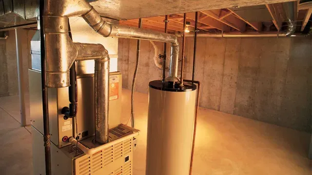 Basement HVAC equipment with metal ducts, a large water heater, and concrete walls