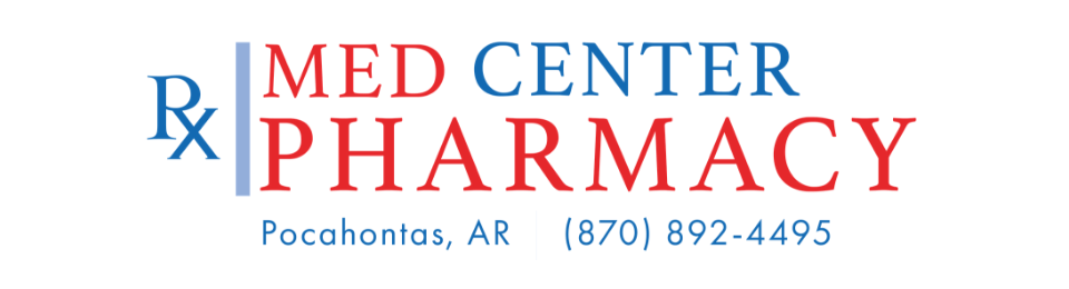 Med Center Pharmacy logo with Rx icon, Pocahontas, AR, and phone number 870-892-4495