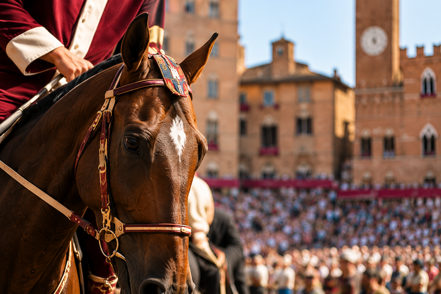 Cavallo bardato davanti a una folla in una piazza storica circondata da torri di mattoni.