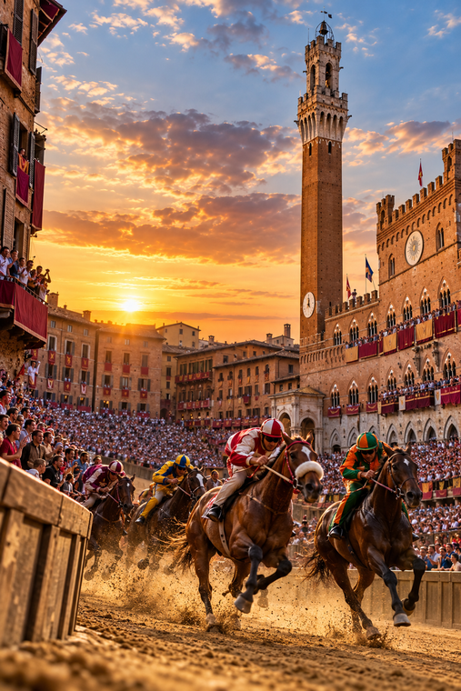 Cavalieri in torneo che si lanciano al galoppo attraverso una piazza storica al tramonto, tra la folla festante e gli edifici ornati.