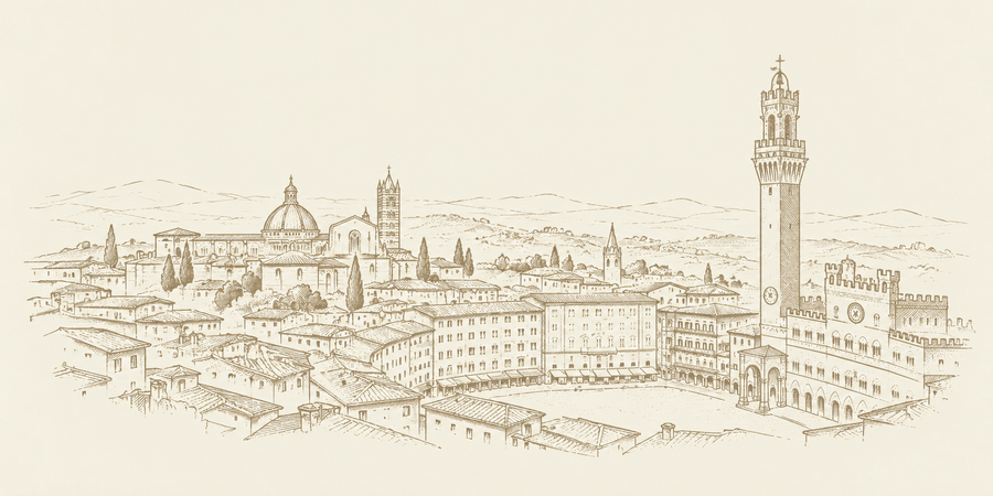 Schizzo color seppia dello skyline di una città, con un edificio sormontato da una cupola e una torre alta vicino al lungomare