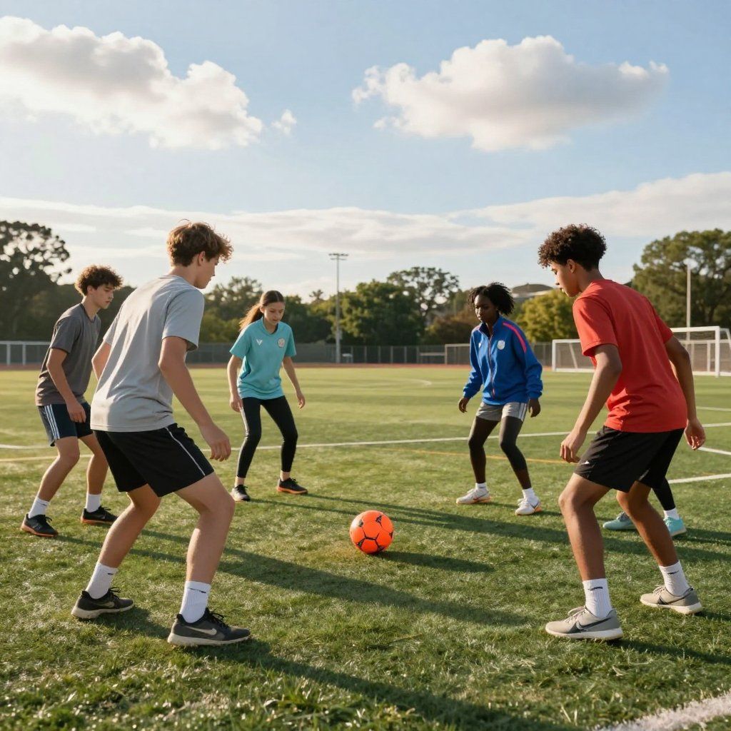 Five people playing soccer on a grassy field, with an orange ball in the center under a partly cloudy sky.
