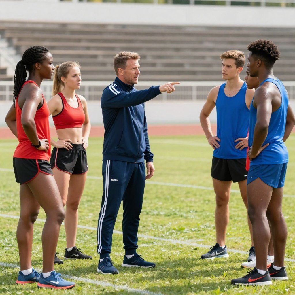 Coach pointing instructions to four athletes on a sports field