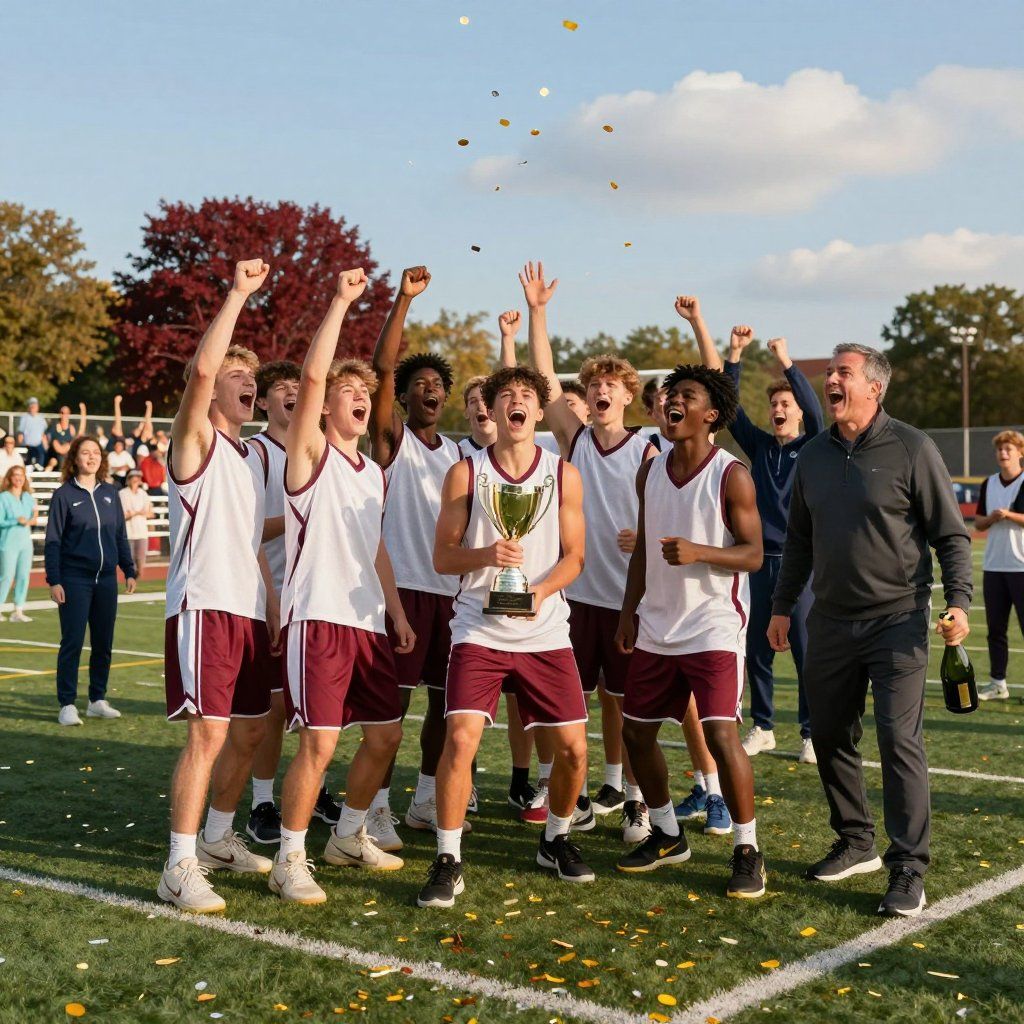 Soccer team celebrating on the field with arms raised and trophy held high, confetti falling around them
