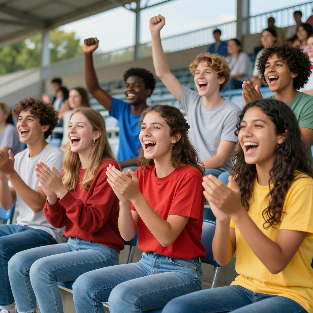 Cheering crowd in stadium seats, clapping and raising fists, with bright casual clothing