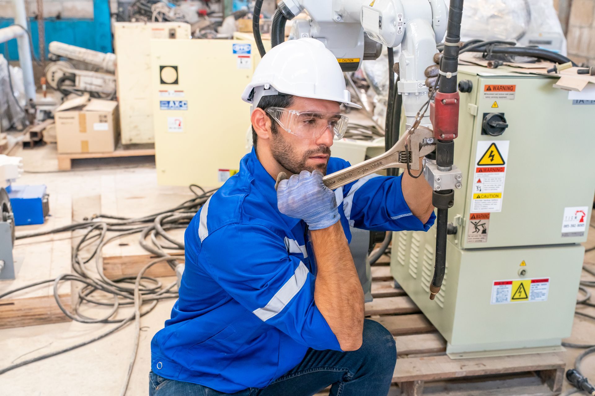 Worker in blue coveralls and hard hat inspecting electrical equipment in an industrial plant