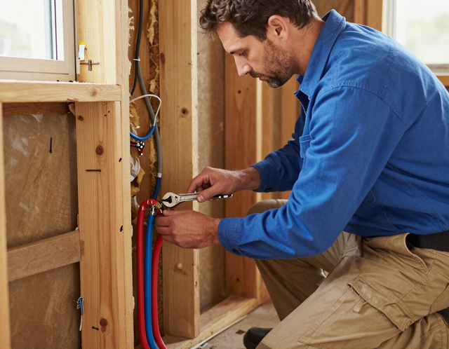 Plumber connecting red and blue pipes inside an unfinished wall frame