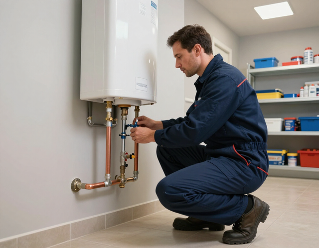 Technician kneeling beside a wall-mounted boiler, adjusting copper pipes in a utility room