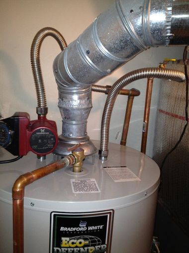 Water heater with metal vent pipe and red circulation pump in a utility room