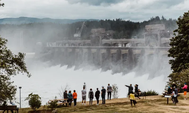 A group of people are standing on top of a hill looking at a waterfall.