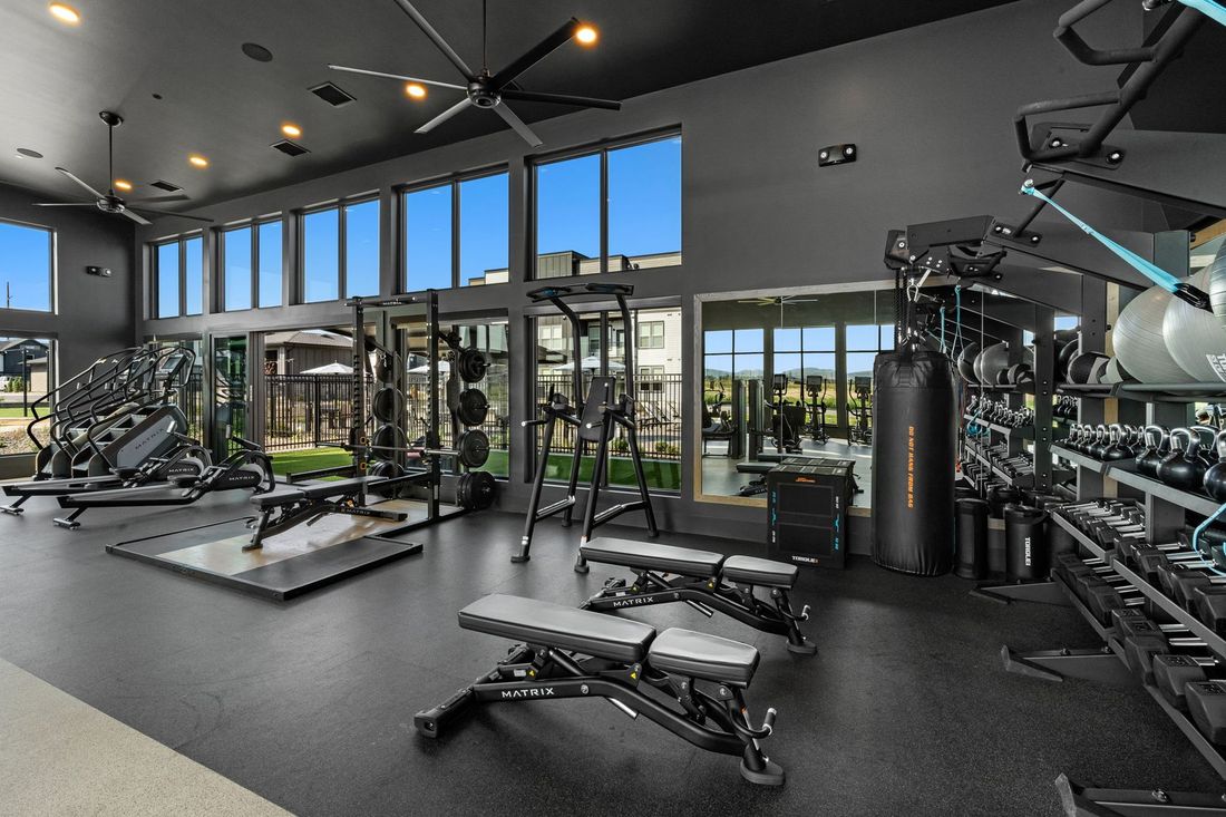 Gym with exercise equipment, large windows, dark walls, and black floor.