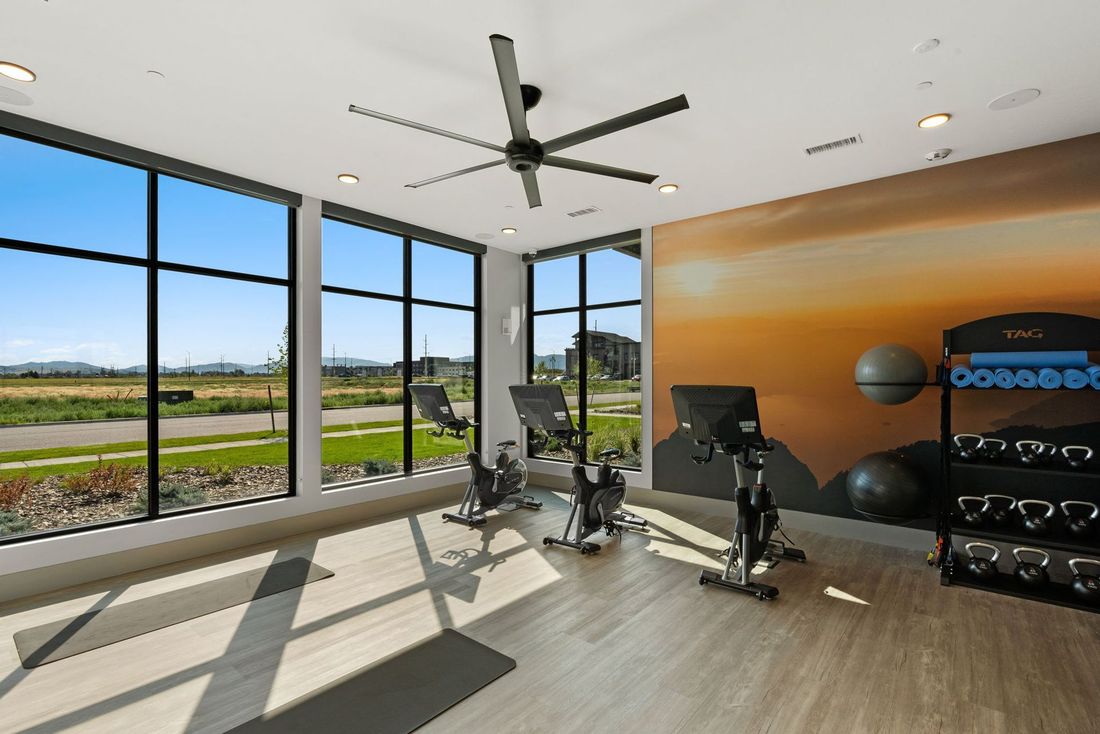 Gym with stationary bikes, weights, and large windows overlooking a scenic landscape.