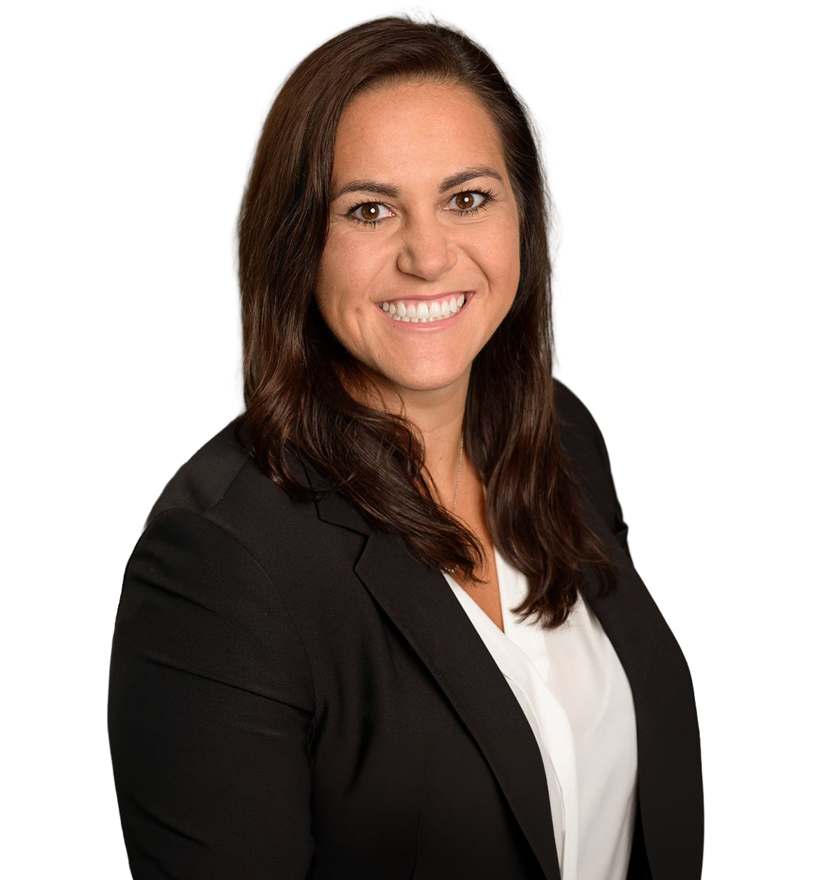 A woman in a black jacket and white shirt is smiling for the camera.