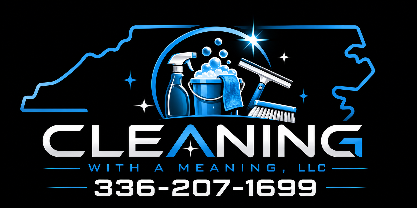 A blue logo for Cleaning With A Meaning LLC