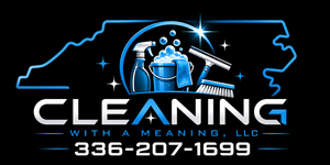 A blue logo for Cleaning With A Meaning LLC