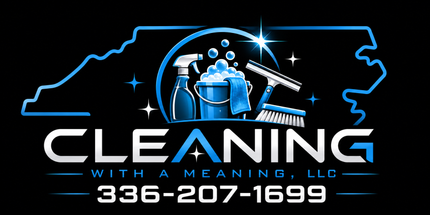 A blue logo for Cleaning With A Meaning LLC
