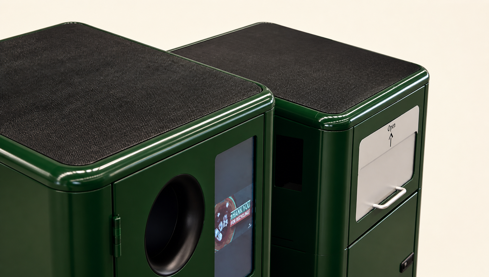 Two green recycling bins with black solar