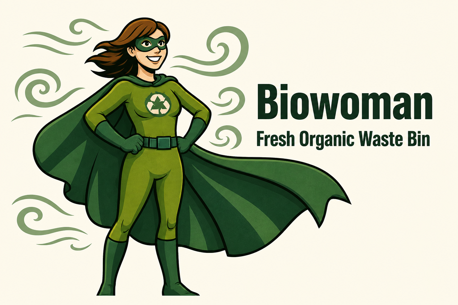 Biowoman logo with green superhero woman and “Fresh Organic Waste Bin” text