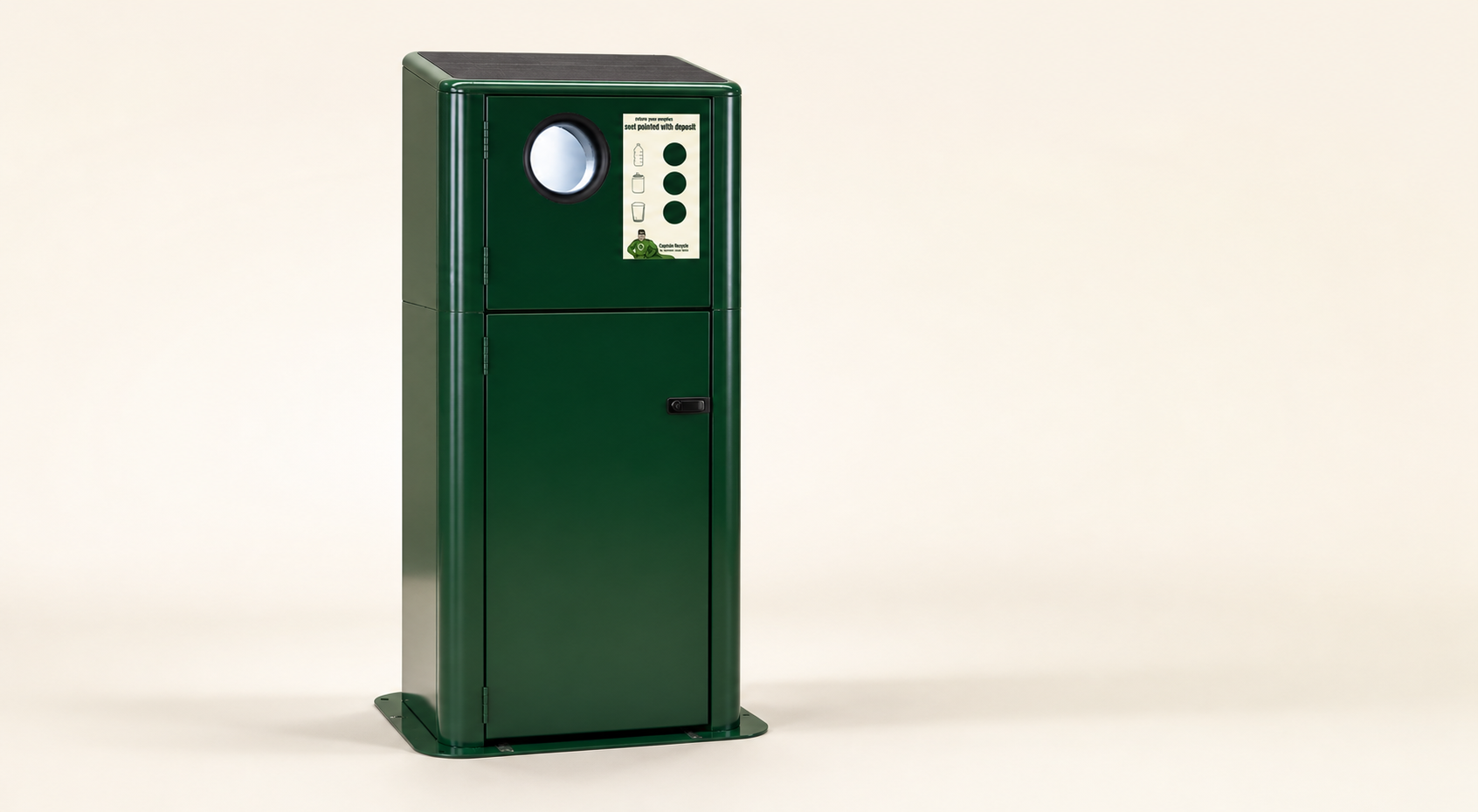 Green vintage reverse vending machine with a round window and coin panel on a light background