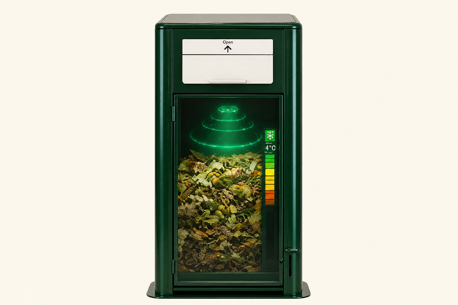Green guardian compactor with glowing contents and control panel on the right with level sensor