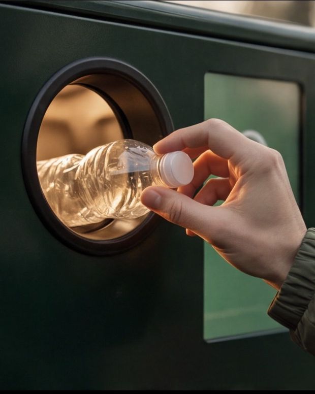 Hand placing a plastic bottle into a recycling bin opening
