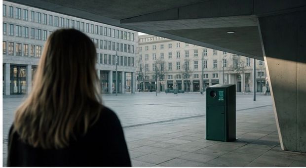 Person viewed from behind in a modern plaza with a green guardian RVM machine on solar. in the streets for public use