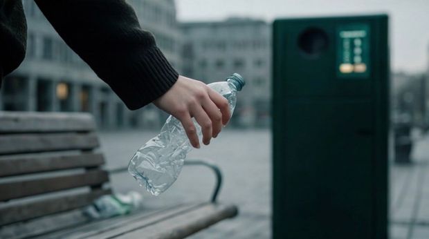 Hand placing a plastic bottle into a RVM solar bin beside a bench outdoors