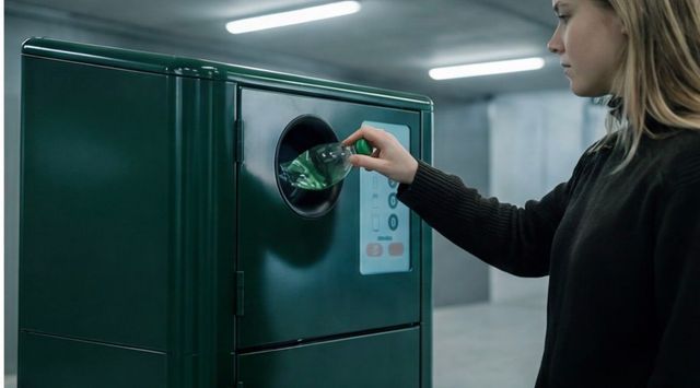 Woman inserting a green guardian item into a green guardian RVM recycling bin in a modern indoor setting