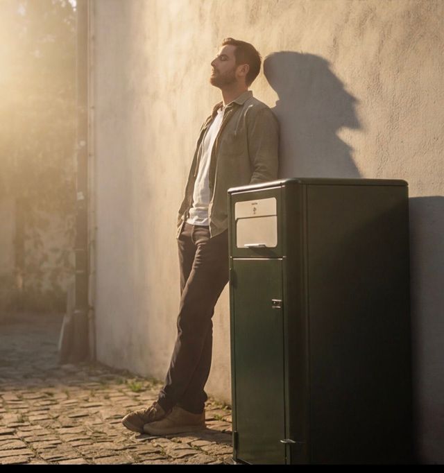Man leaning against a sunlit wall beside a green guardian outdoor Bio-bin cabinet on a cobblestone street