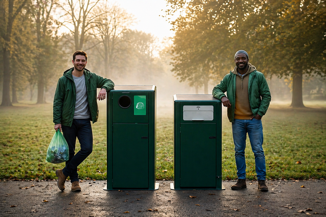 Two people stand beside green recycling bins in a park, holding trash bags.