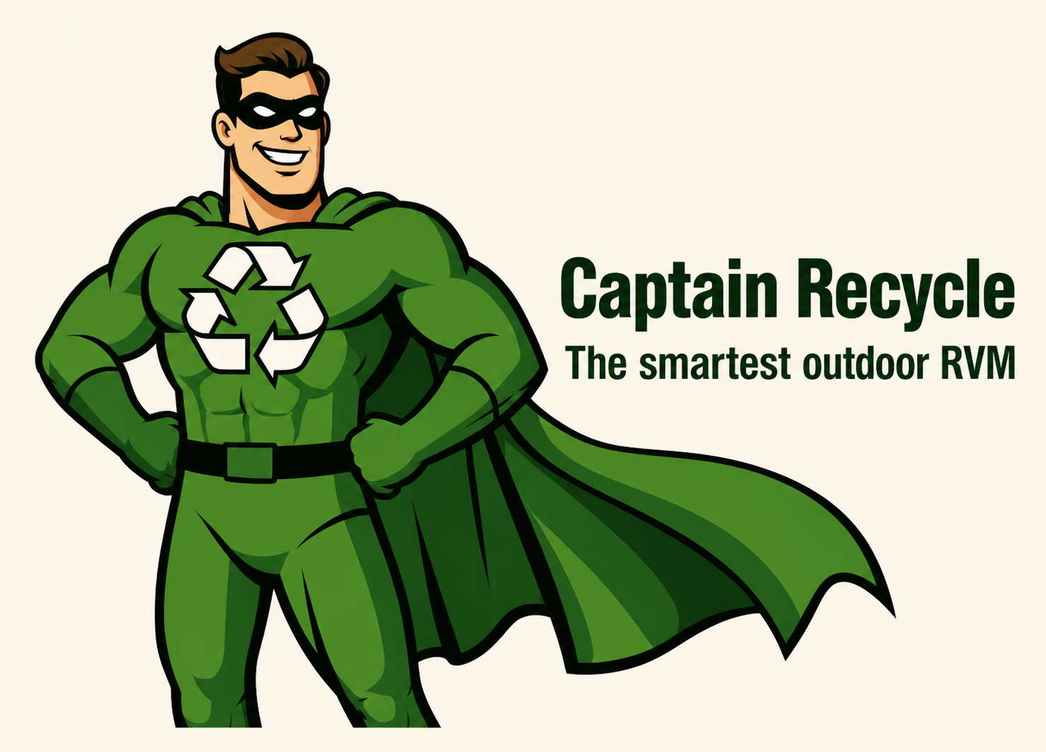 Cartoon superhero in green suit with recycling symbol, labeled “Captain Recycle” and “The smartest outdoor RVM.”