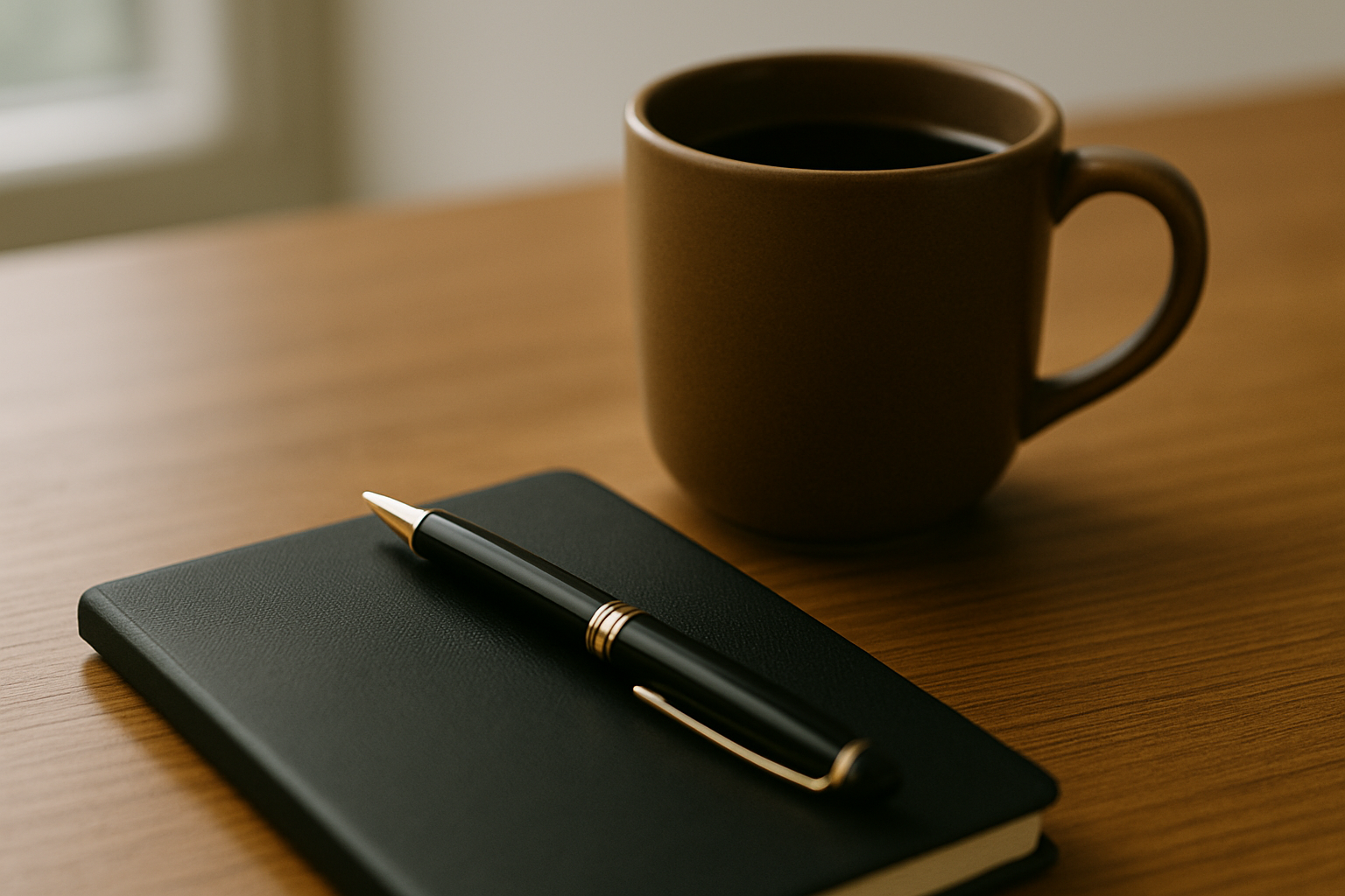 Close Up Of Coffee Cup Pen and Notebook— Wingman Conveyancing in Alice Springs, NT