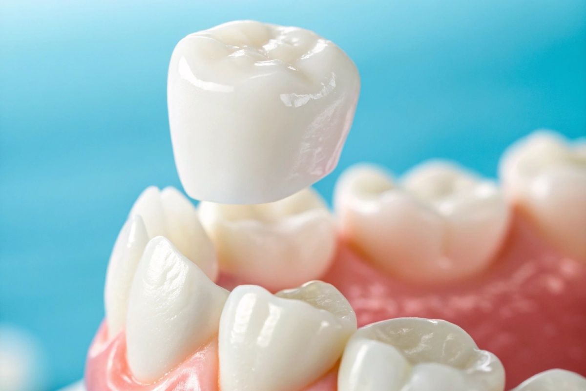 Dental crown being placed over a prepared tooth, against a blue background, showing dental health concept.