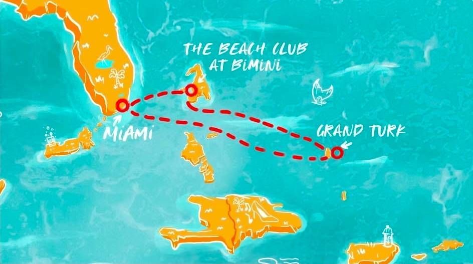 A hand-drawn map showing a cruise route from Miami to The Beach Club at Bimini and Grand Turk against a turquoise sea.