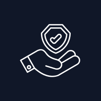 Hand holding a shield with a check mark, white outline on a dark blue background.